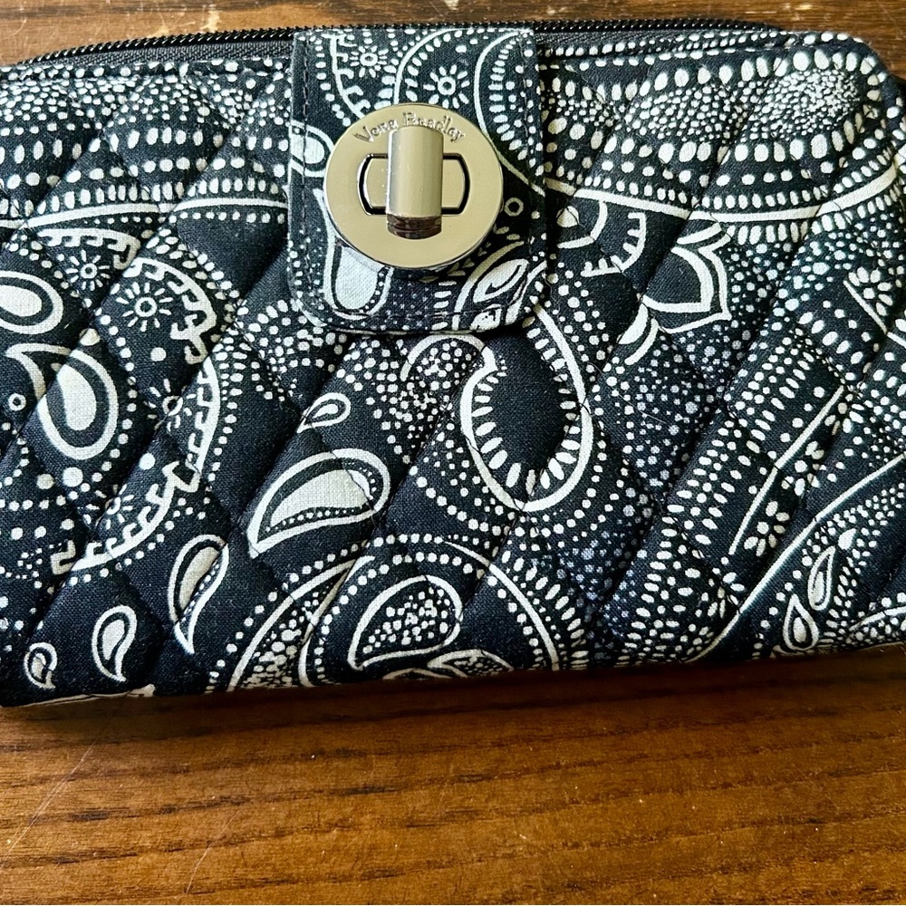 Vera Bradley Black and Off White Paisley Quilted RFID Turnlock Wallet